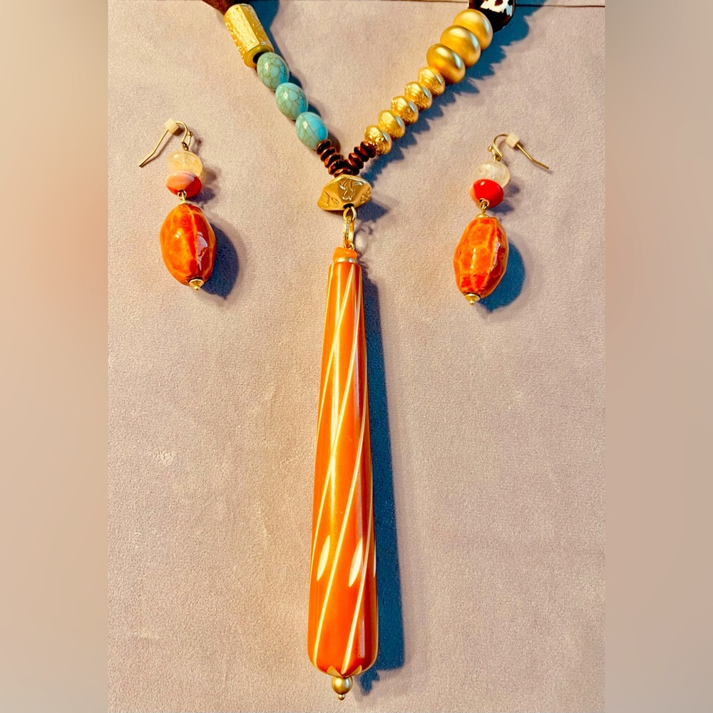 Chicos Fun Multicolored Wood Orange Striped Beaded Necklace and Earring Set
